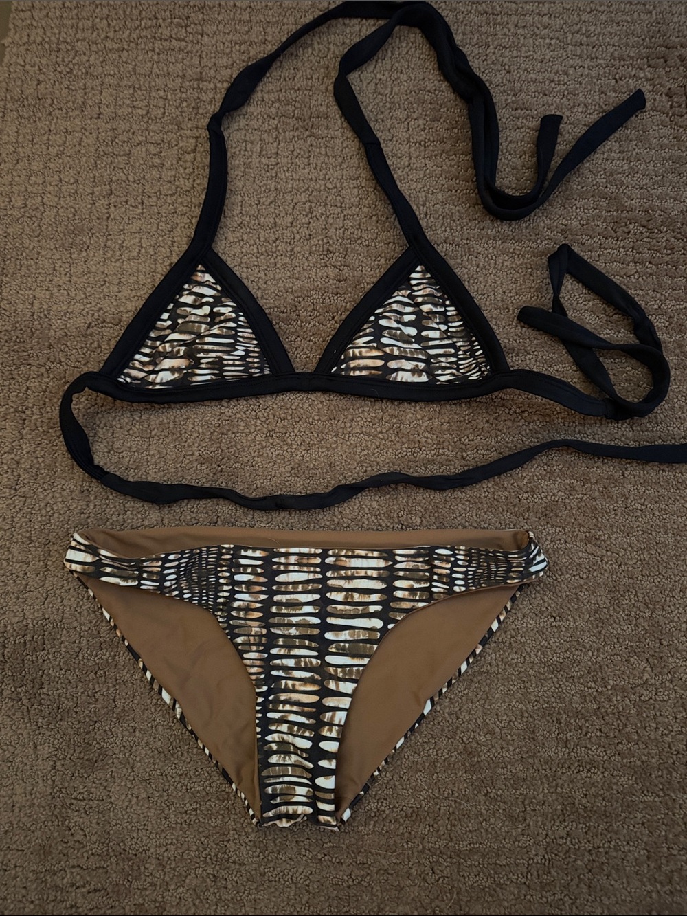 Brown & Black Patterned Triangle Bikini Set